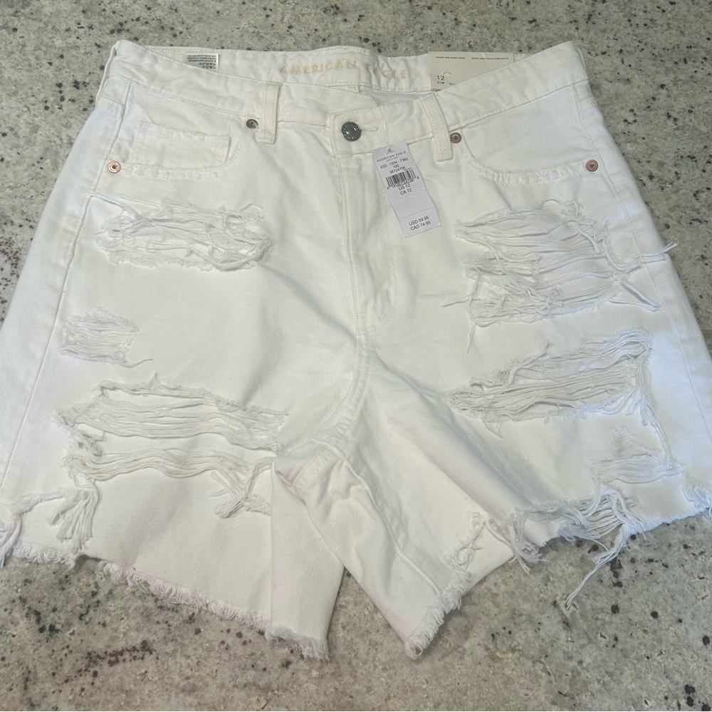 American Eagle Outfitters White High-Rise Distressed Denim Cutoff Shorts